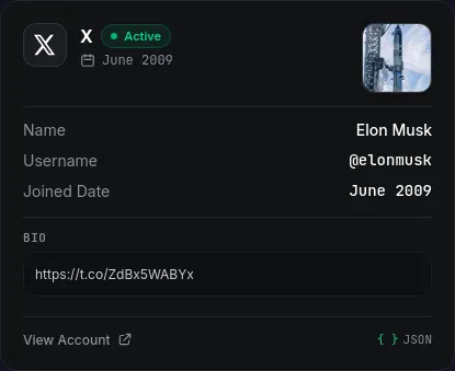 OSINT Trace Playground X result card showing Active badge, June 2009 join date, display name, username, avatar, and bio
