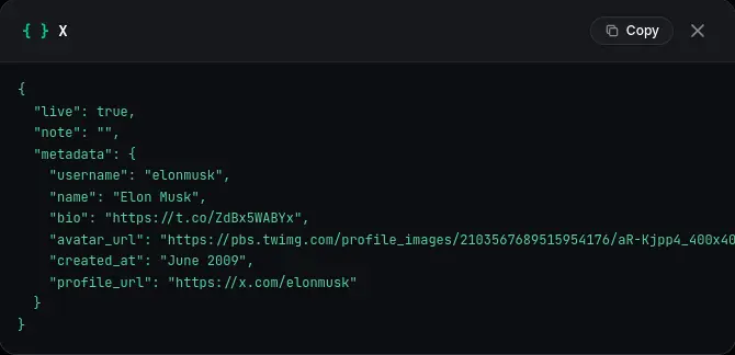 OSINT Trace Playground JSON modal for X showing live, note, and nested metadata fields
